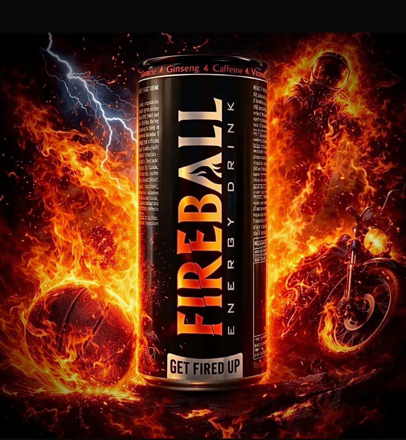 Fireball Energy Drink can in flames
